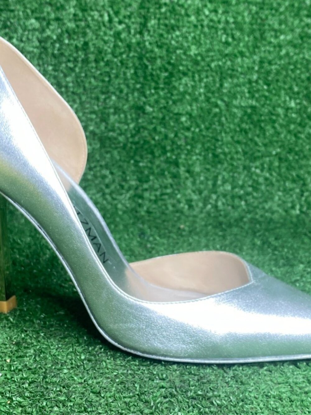 Stuart Weitzman Silver Leather Slip-On Pointed Toe 3.5" Heel Dress Pumps - Picture 3 of 9